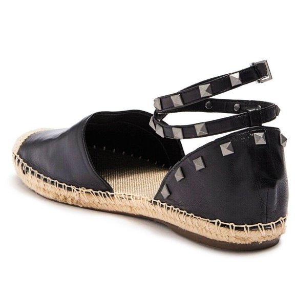 Schutz Koralina Black Leather Studded Espadrille Flats Ankle Wrap Straps SZ 8 - Picture 3 of 11